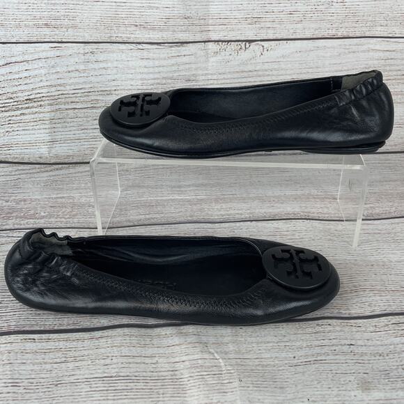 Tory Burch Minnie Womens Sz 5.5M Travel Ballet Flats Black Leather - Picture 1 of 11